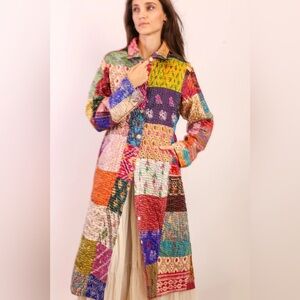 Vintage Kantha Patchwork Quilted Faux Button Dress Tunic Top size Large 42